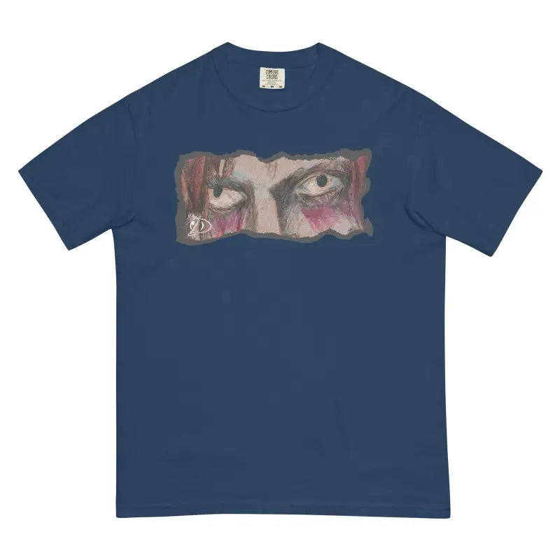 Navy blue unisex garment-dyed heavyweight t-shirt featuring an artistic eye design graphic