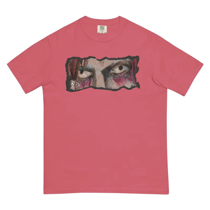 Pink garment-dyed heavyweight t-shirt featuring intense eyes through a torn paper effect