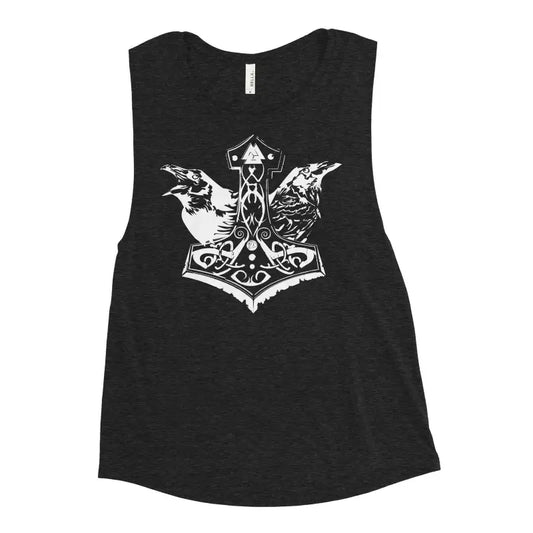 Black sleeveless muscle tank featuring a white Norse Thor’s hammer design for Shield-Maiden Fury