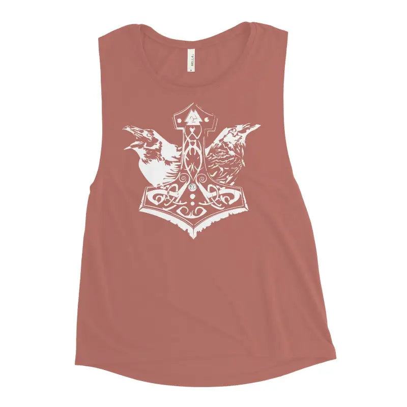 Mauve sleeveless muscle tank with Norse Thor’s hammer and ravens design for Shield-Maiden Fury