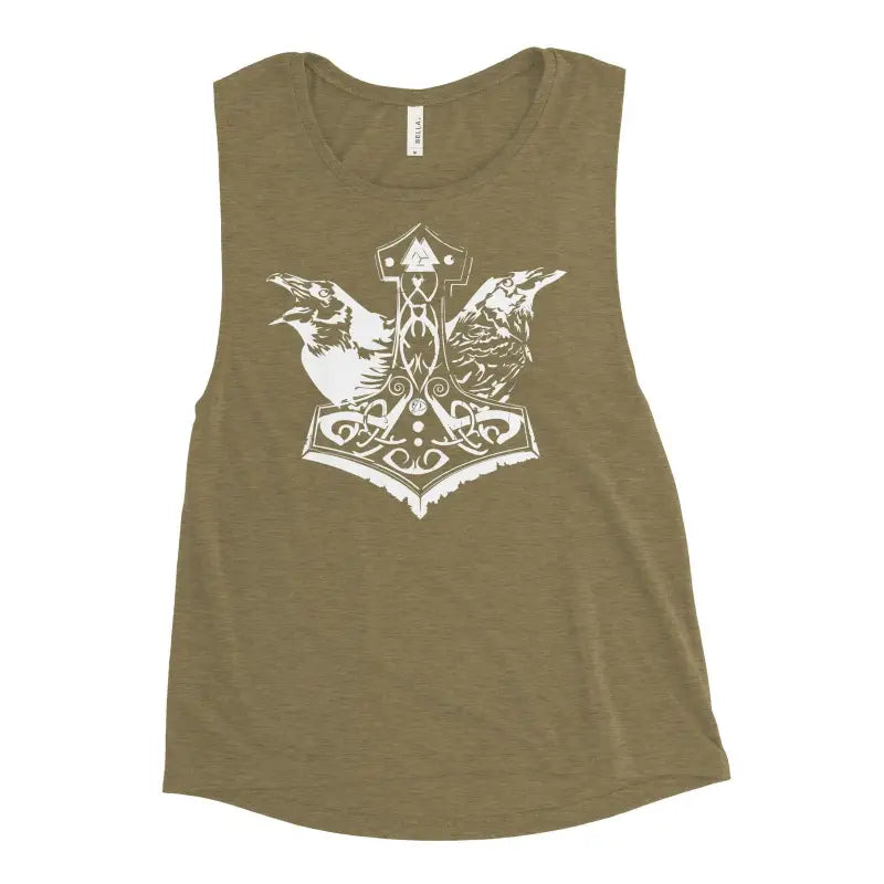 Olive green muscle tank featuring Thor’s hammer and raven design from Shield-Maiden Fury