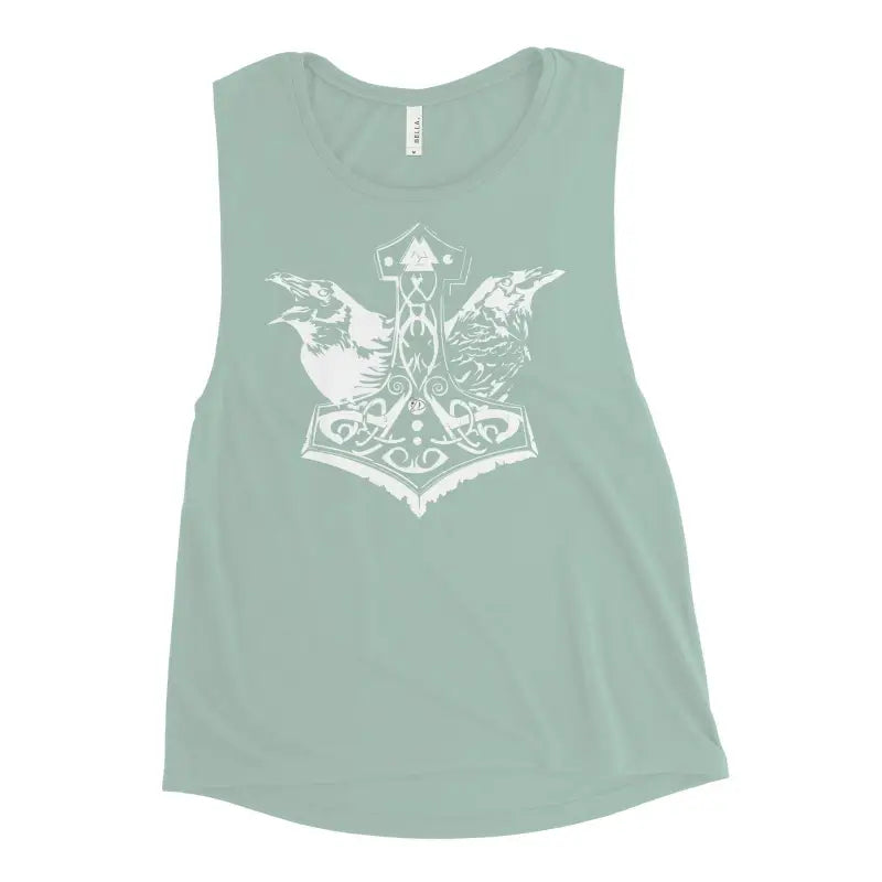 Mint green muscle tank featuring white Norse Thor’s hammer design for Shield-Maiden Fury