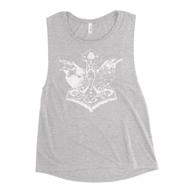 Gray muscle tank featuring Norse Thor’s hammer design, part of Shield-Maiden Fury Women’s collection