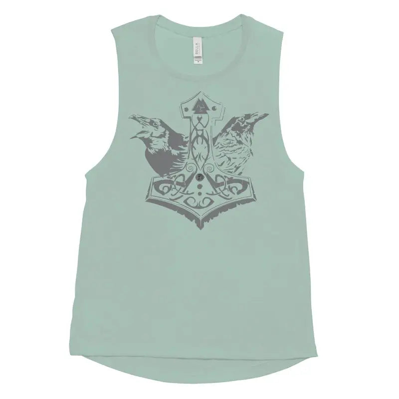 Mint green women’s muscle tank featuring Norse Thor’s hammer and raven design in dark gray