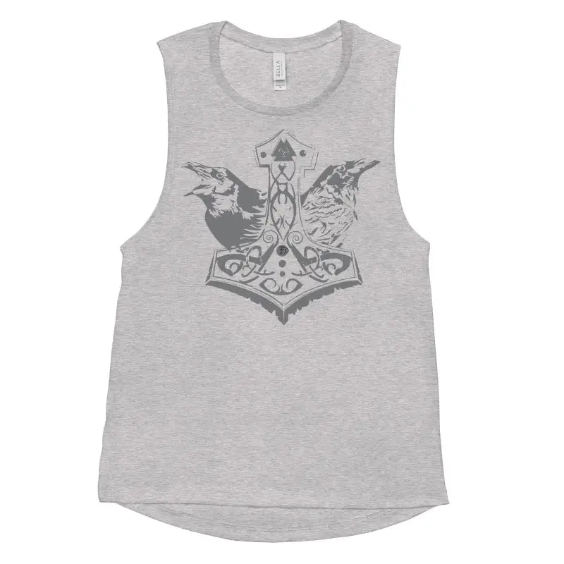 Gray women’s muscle tank featuring Norse Thor’s hammer design with ravens