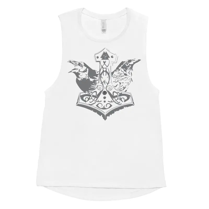 White women’s muscle tank featuring Norse Thor’s hammer design with ravens