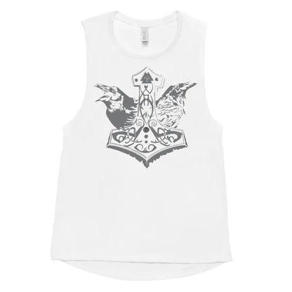 White sleeveless tank top with Thor’s hammer and ravens, embodying Shield-Maiden Strength