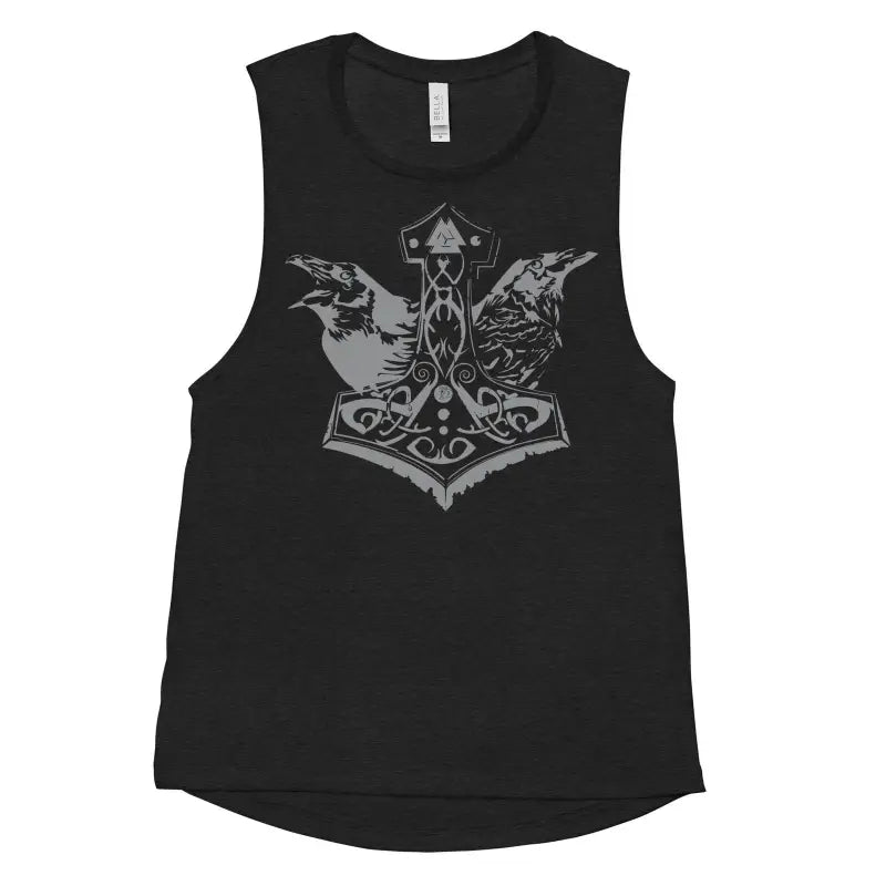 Black women’s muscle tank featuring Thor’s hammer and ravens design in gray