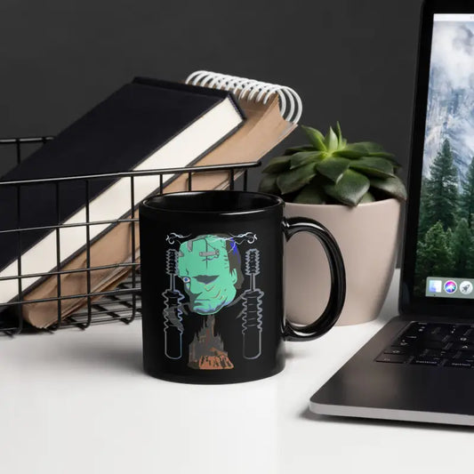 Black mug featuring Frankenstein’s monster design from Retro Franky Horror Art Mug