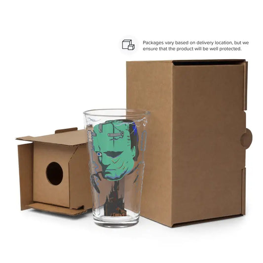 Frankenstein pint glass with packaging from Shockingly Good Sips Retro Franky Horror Art