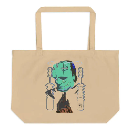 Beige organic cotton tote bag featuring Frankenstein design for the Franky Trick collection