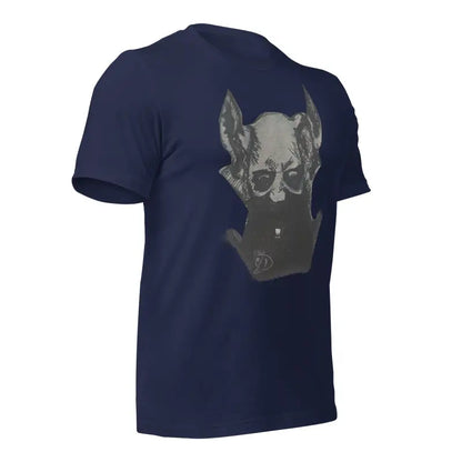 Navy blue Sinister Belle unisex t-shirt featuring a grey dog head graphic design