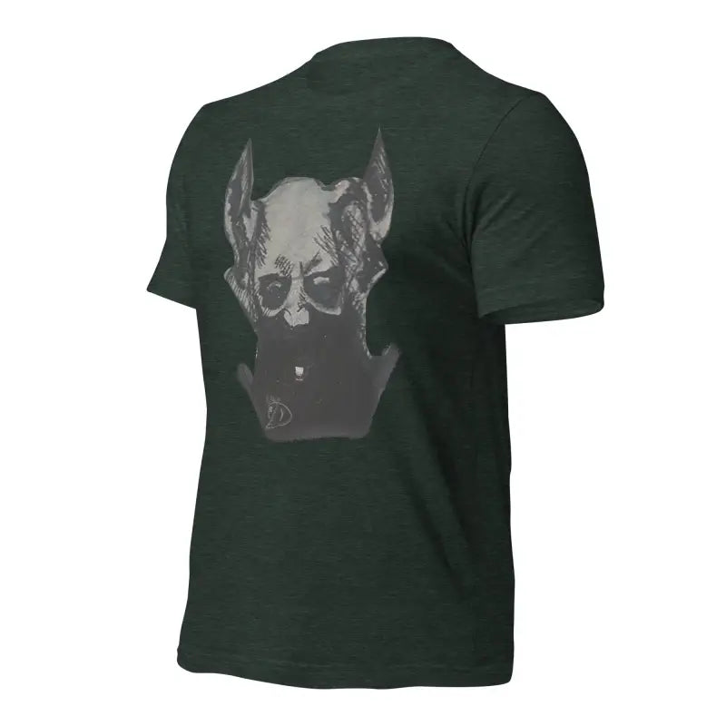 Dark green Sinister Belle Unisex T-shirt featuring grey dog head graphic design