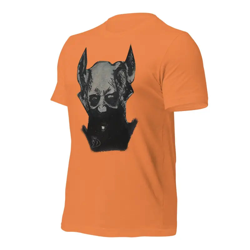 Orange Sinister Belle Unisex T-shirt featuring black dog silhouette graphic design