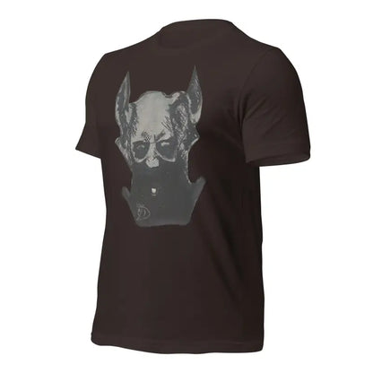 Dark brown Sinister Demon tee featuring grey dog head graphic for Gothic Horror fans