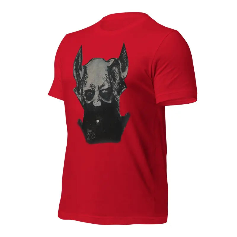 Red Sinister Demon Gothic Horror Unisex Tee featuring a black and gray dog graphic design