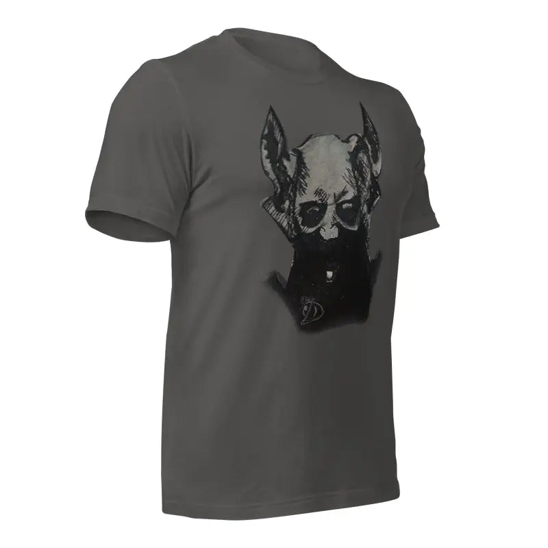 Gray Sinister Belle Unisex Tee featuring a black dog head graphic design