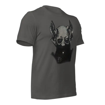 Gray Sinister Belle Unisex Tee featuring a black dog head graphic design