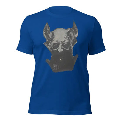 Royal blue Sinister Belle unisex t-shirt with grey dog head graphic on front