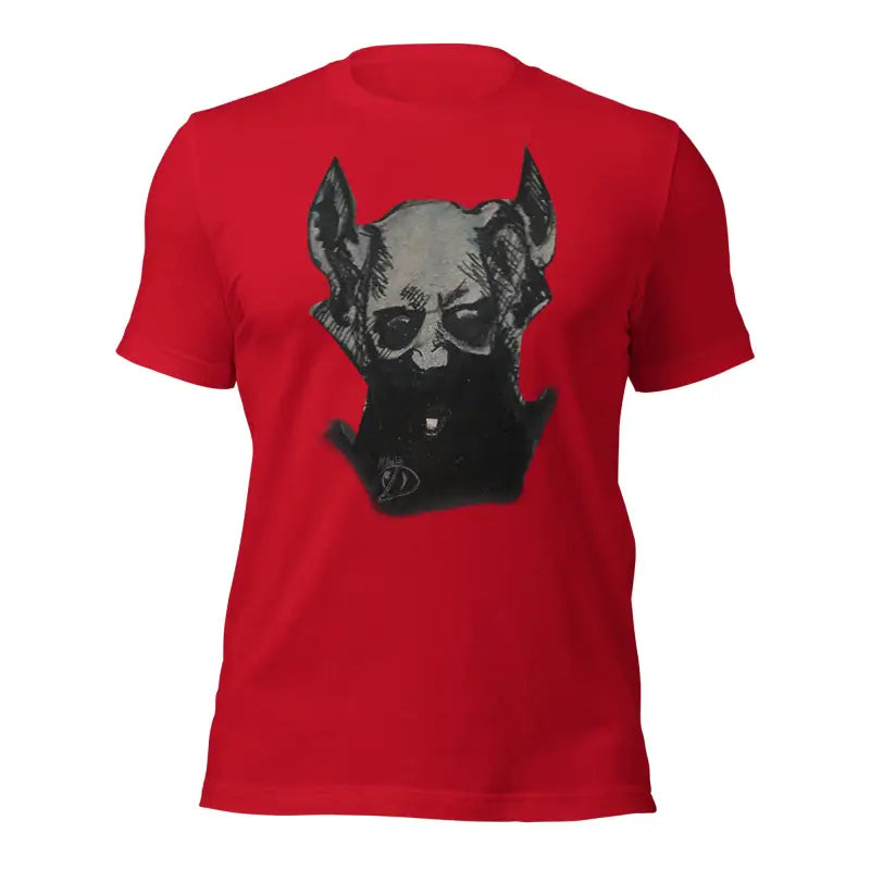 Red Sinister Belle Unisex T-shirt with a grey dog head graphic design