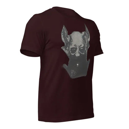 Maroon Sinister Demon Tee featuring grey dog head graphic design for sinister belle unisex