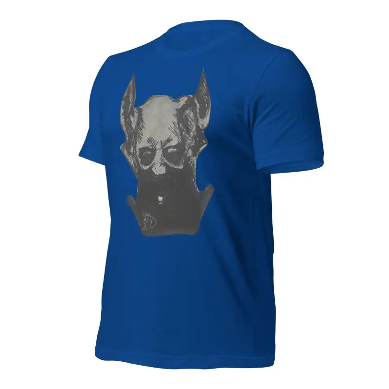 Royal blue Sinister Belle unisex t-shirt featuring grey Batman-style graphic design