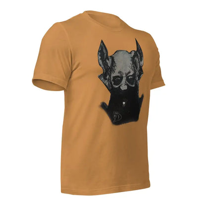 Orange Sinister Demon Gothic Horror Unisex Tee with black and grey dog head design