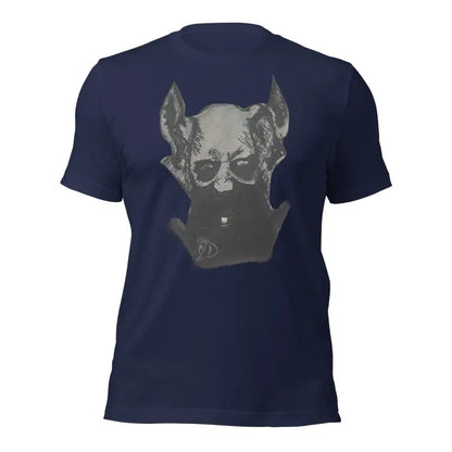 Navy blue Sinister belle unisex t-shirt with a grey dog head graphic design