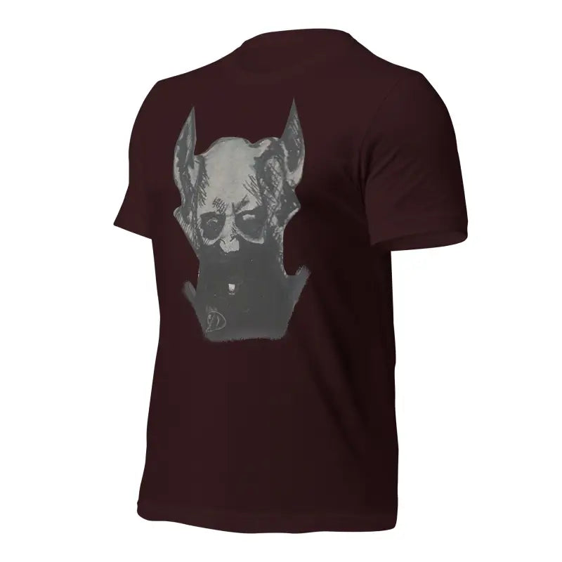 Maroon Sinister Demon tee featuring a grey dog head design for Sinister Belle unisex collection