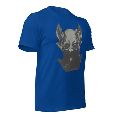 Royal blue Sinister Belle unisex tee featuring a grey dog head graphic design