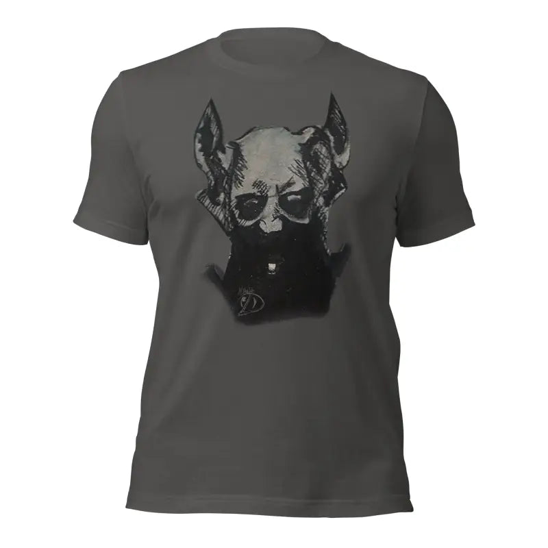 Dark grey Sinister Demon tee featuring a black and grey dog head design, Sinister Belle unisex