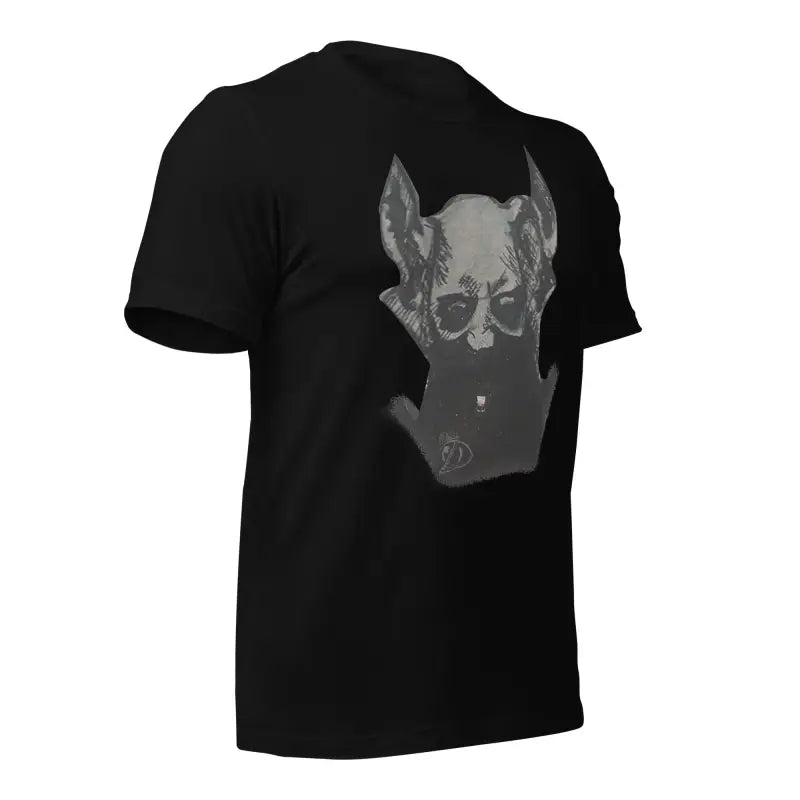 Black Sinister Demon Gothic Horror Tee featuring a grey dog head graphic design