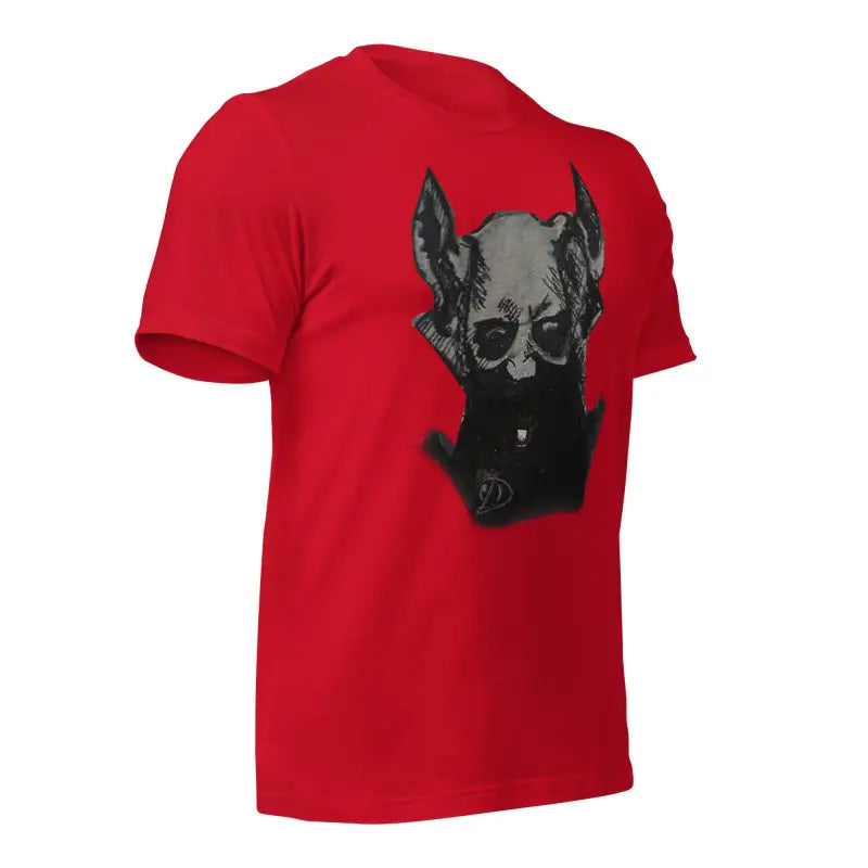 Red T-shirt featuring a black dog graphic wearing sunglasses from Sinister Belle Unisex