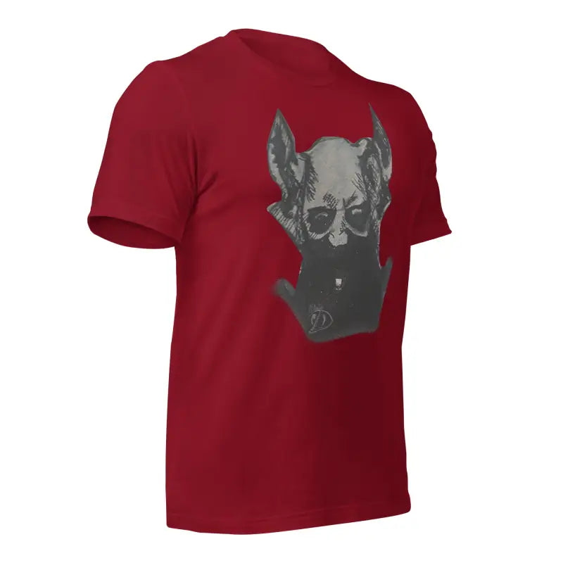 Burgundy Sinister Demon tee featuring dark gray dog head graphic for Sinister Belle Unisex