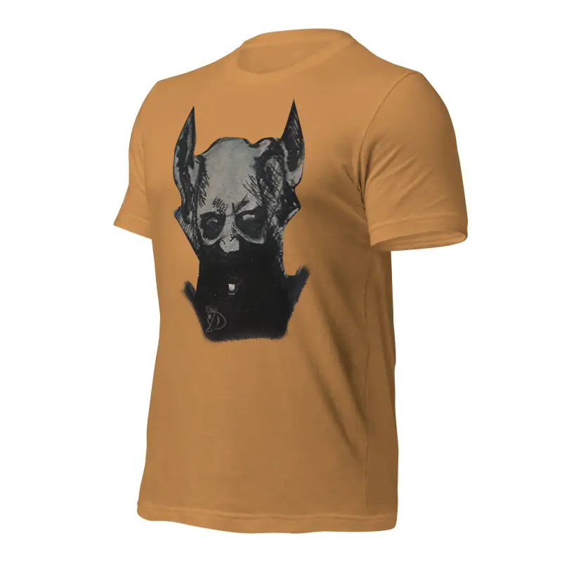 Tan Sinister Demon Gothic Horror Unisex Tee featuring a dark dog head graphic design