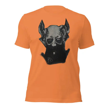 Orange Sinister Belle Unisex T-Shirt featuring a stylish dog graphic in sunglasses