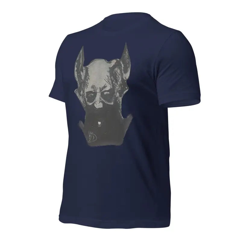 Navy blue Sinister Demon tee featuring a grey dog head graphic for sinister belle unisex