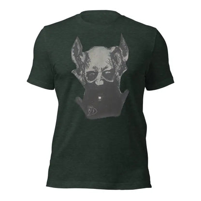 Dark green Sinister Belle unisex t-shirt featuring a grey dog head graphic print