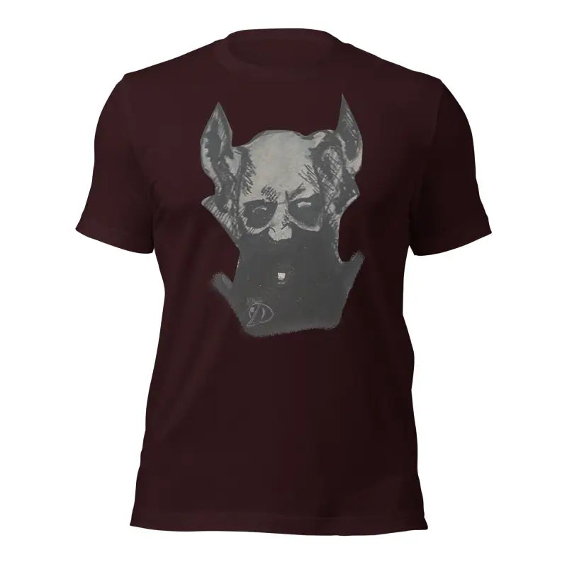 Burgundy t-shirt with grey Chihuahua head design from Sinister Belle Unisex collection