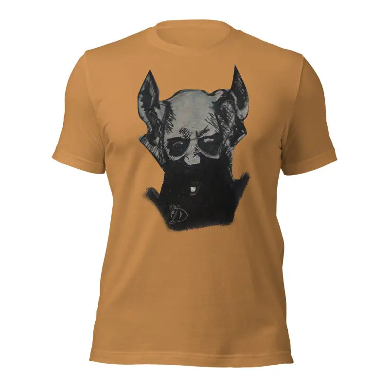 Tan Sinister Belle Unisex Tee featuring a black and gray bat-like graphic design