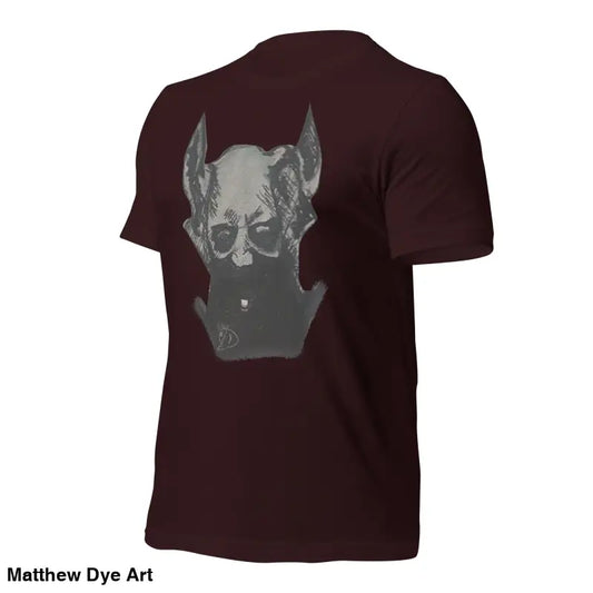 Maroon Sinister Demon tee featuring a grey dog head design for Sinister Belle unisex collection