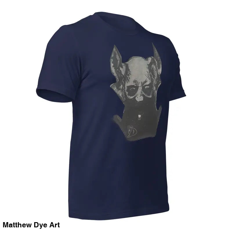 Navy blue Sinister Belle unisex t-shirt featuring a grey dog head graphic design