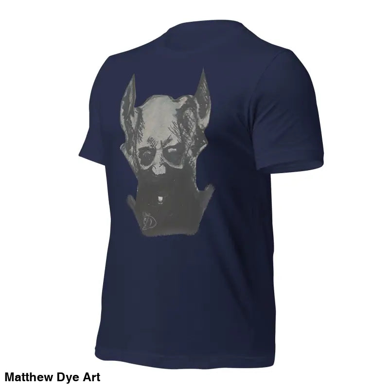 Navy blue Sinister Demon tee featuring a grey dog head graphic for sinister belle unisex