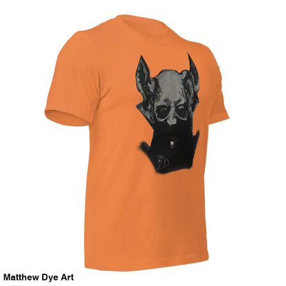 Orange Sinister Demon Gothic Horror unisex tee featuring a black dog graphic design