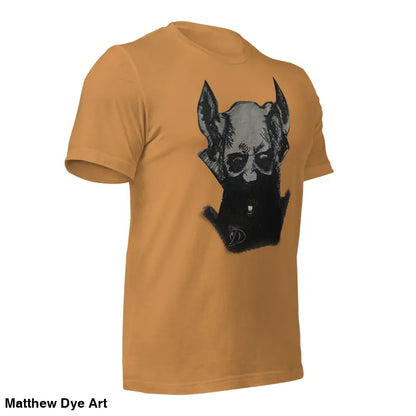 Orange Sinister Demon Gothic Horror Unisex Tee with black and grey dog head design