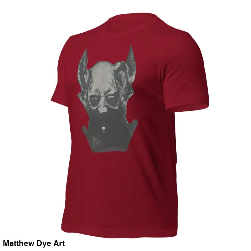 Red Sinister Demon Tee featuring a grey horned figure graphic for Gothic horror style
