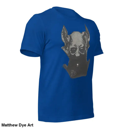 Royal blue Sinister Belle unisex tee featuring a grey dog head graphic design