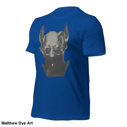 Royal blue Sinister Belle unisex t-shirt featuring grey Batman-style graphic design