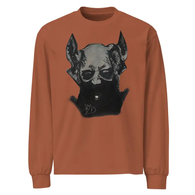 Premium long sleeve orange shirt featuring a sinister monster graphic design