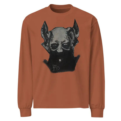 Premium long sleeve orange shirt featuring a sinister monster graphic design